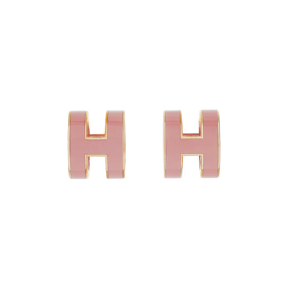 Exclusive Hermes Rose Gold Pink Lacquer Pop H Earrings — Front View