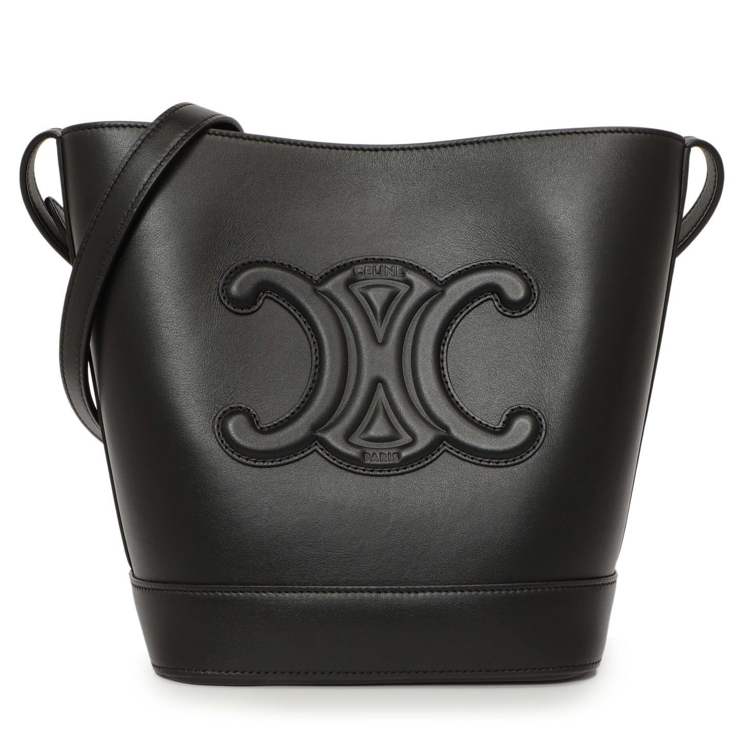 Exclusive Celine Black Smooth Calfskin Triomphe Small Bucket Bag — Front View