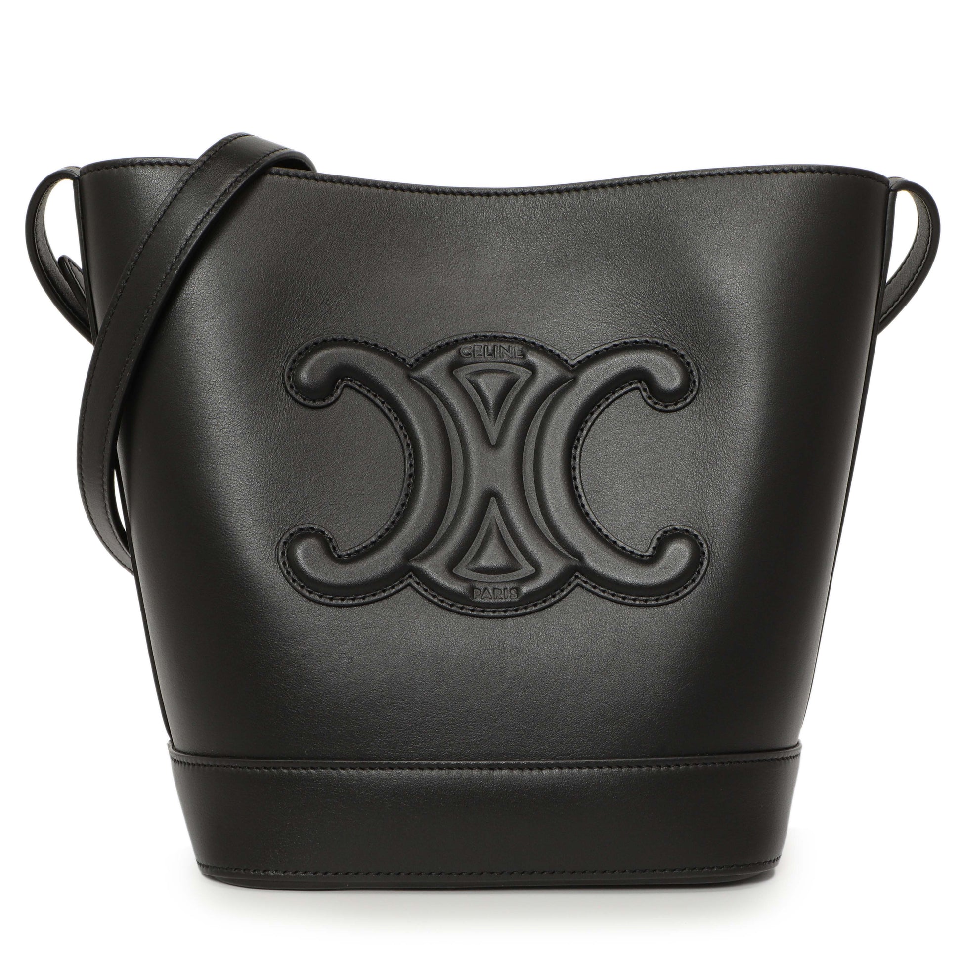 Exclusive Celine Black Smooth Calfskin Triomphe Small Bucket Bag — Front View