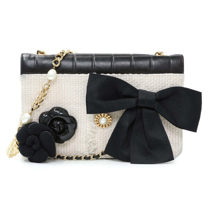 Exclusive Chanel Tweed Lambskin Camellia Pearl Chain Flap — Front View