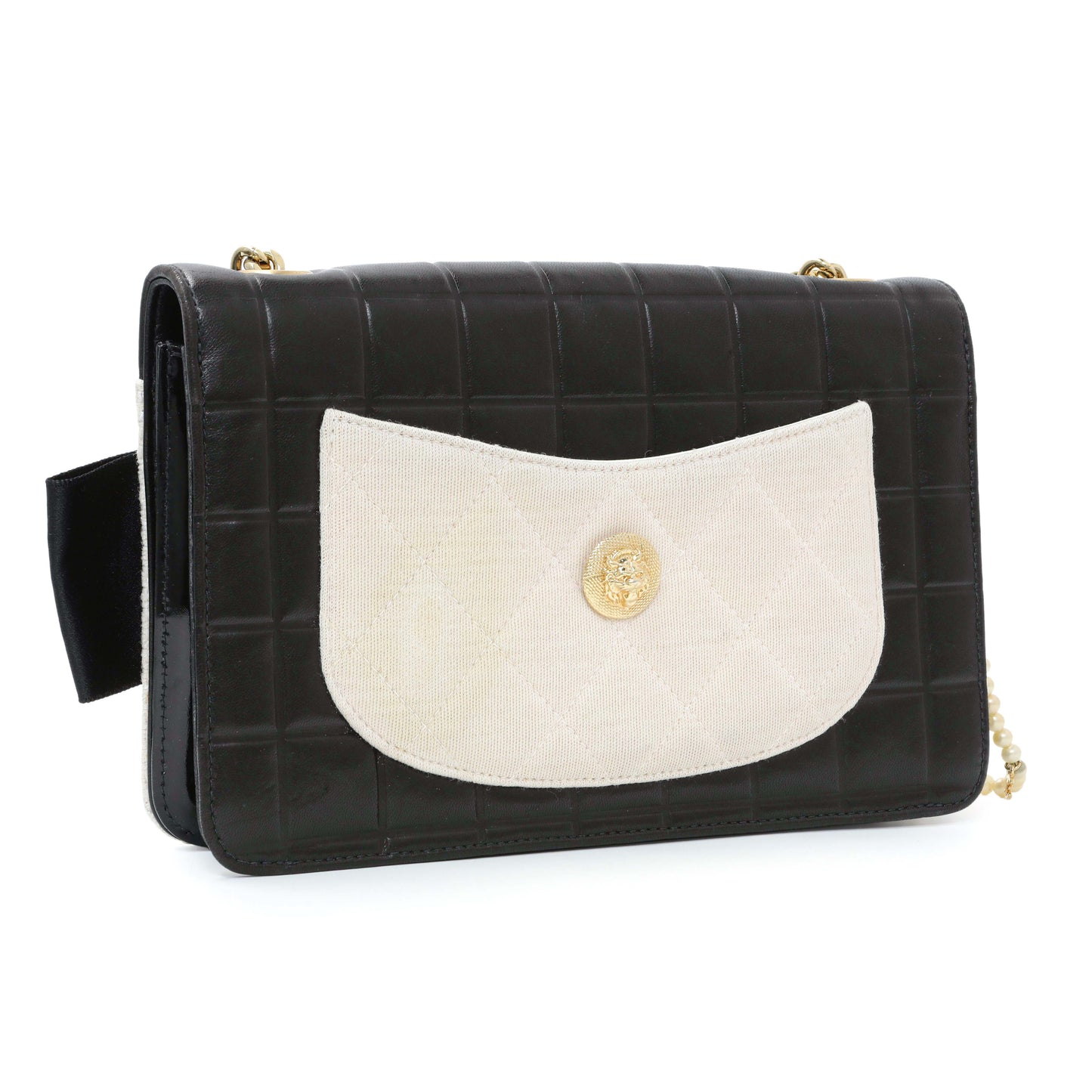 Exclusive Chanel Tweed Lambskin Camellia Pearl Chain Flap — Side View