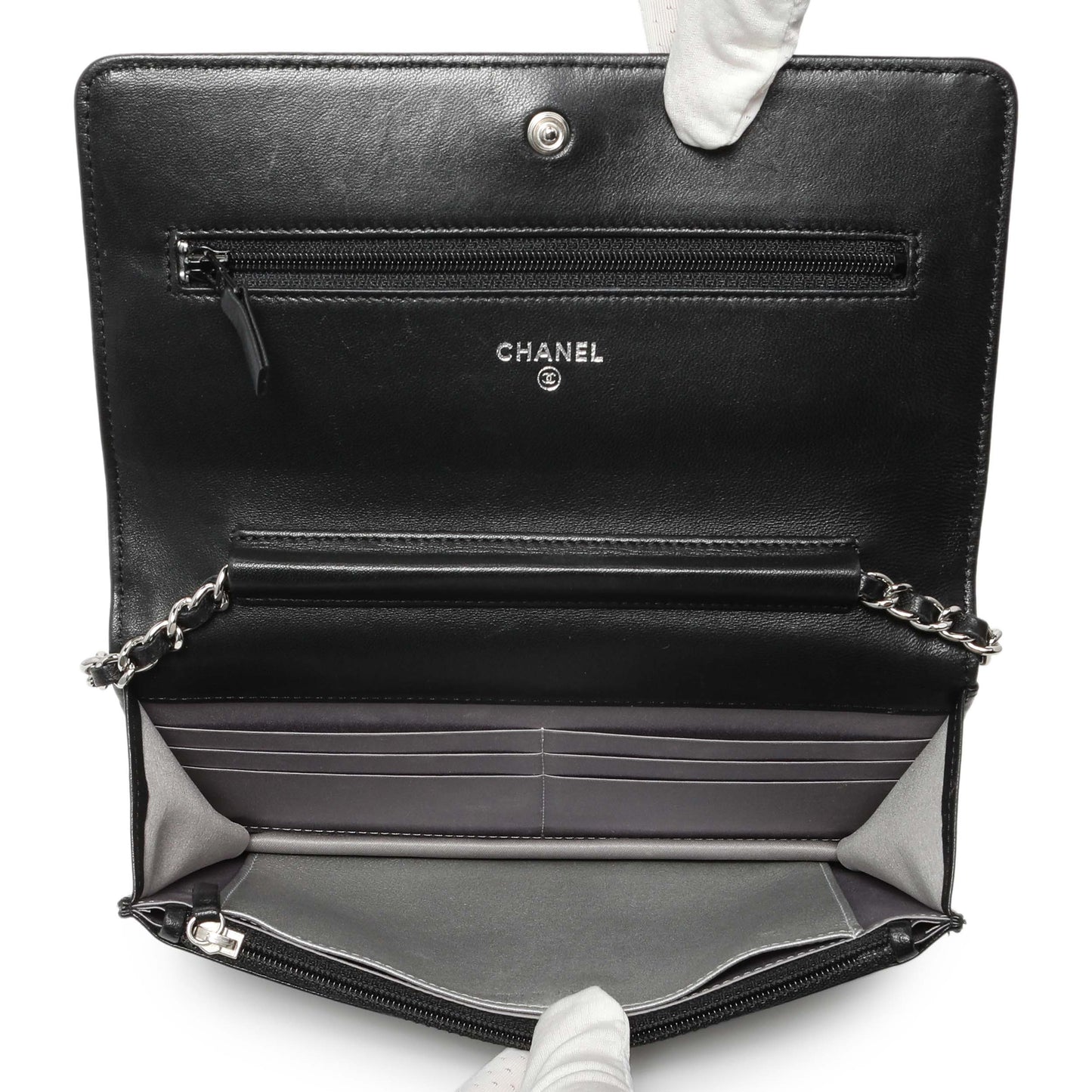 Exclusive Chanel Black Lambskin Camellia Embossed Wallet on Chain — Alternate View 8