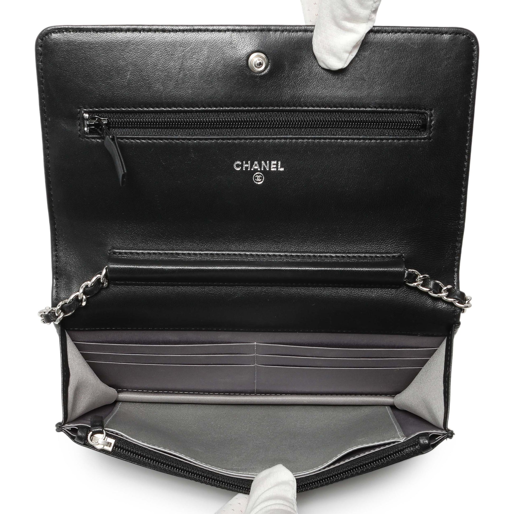 Exclusive Chanel Black Lambskin Camellia Embossed Wallet on Chain — Alternate View 8