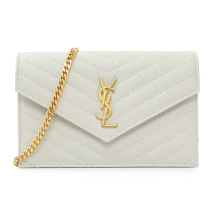Exclusive Saint Laurent Crema Grain De Poudre Matelasse Chevron Monogram Envelope Chain Wallet — Front View