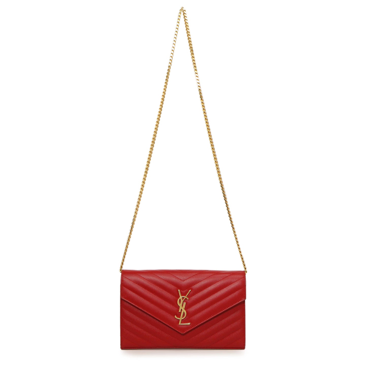 Exclusive Saint Laurent Red Grain De Poudre Matelasse Chevron Monogram Chain Wallet — Front View