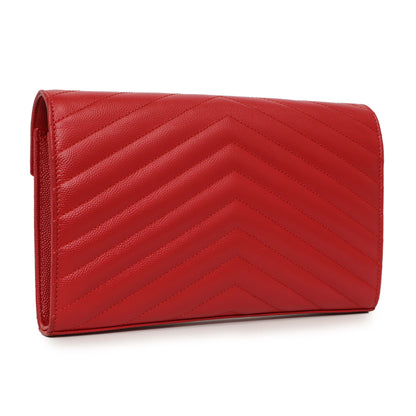 Exclusive Saint Laurent Red Grain De Poudre Matelasse Chevron Monogram Chain Wallet — Back View