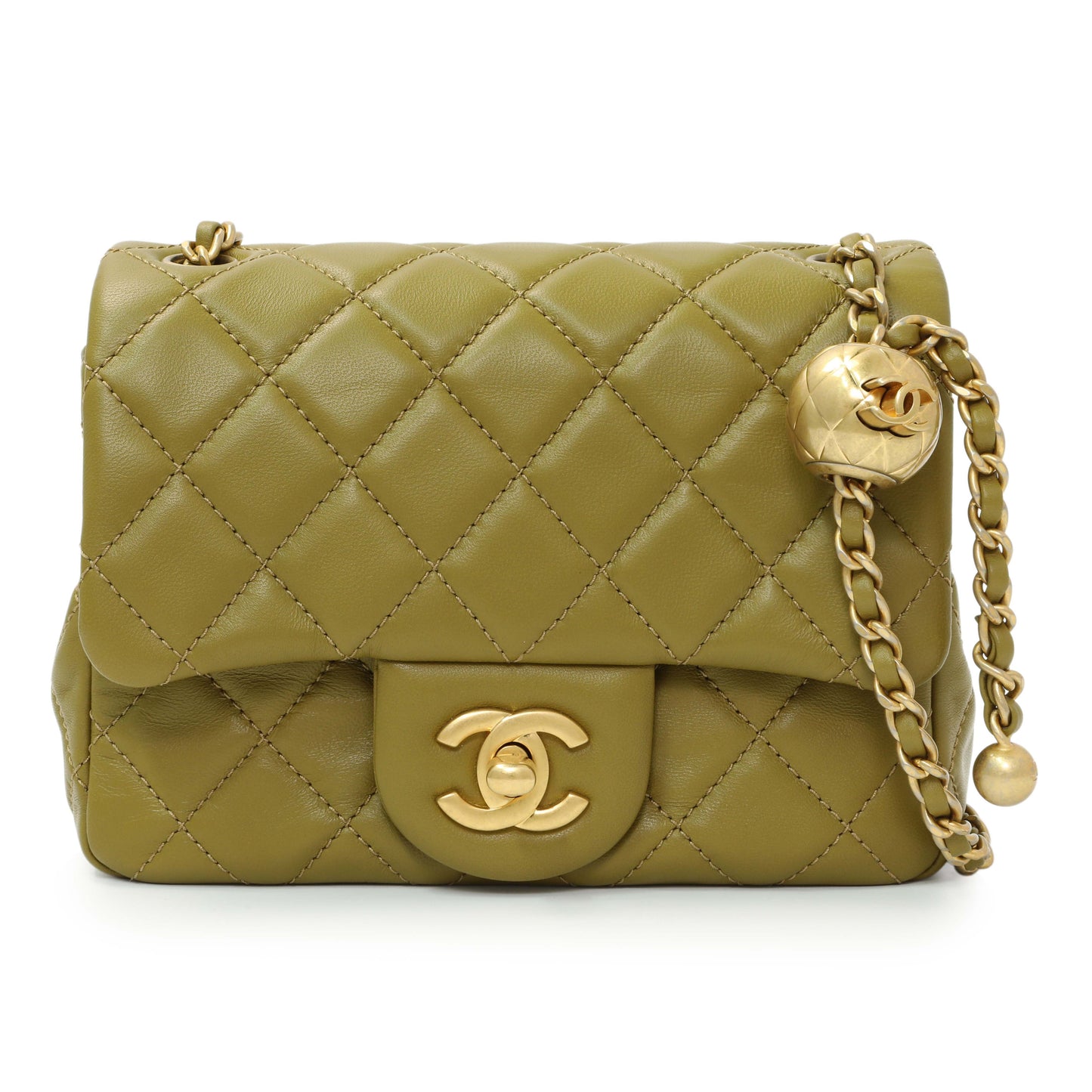 Exclusive Chanel Green Quilted Lambskin Mini Pearl Crush Flap — Front View