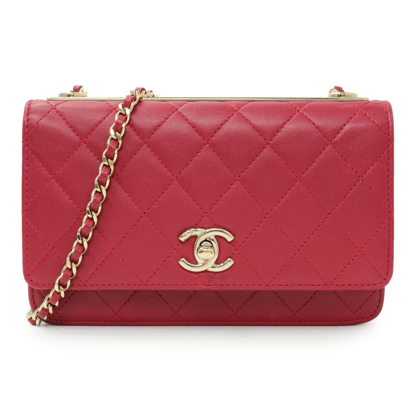 Exclusive Chanel Dark Pink Quilted Lambskin Trendy CC Wallet On Chain — Front View