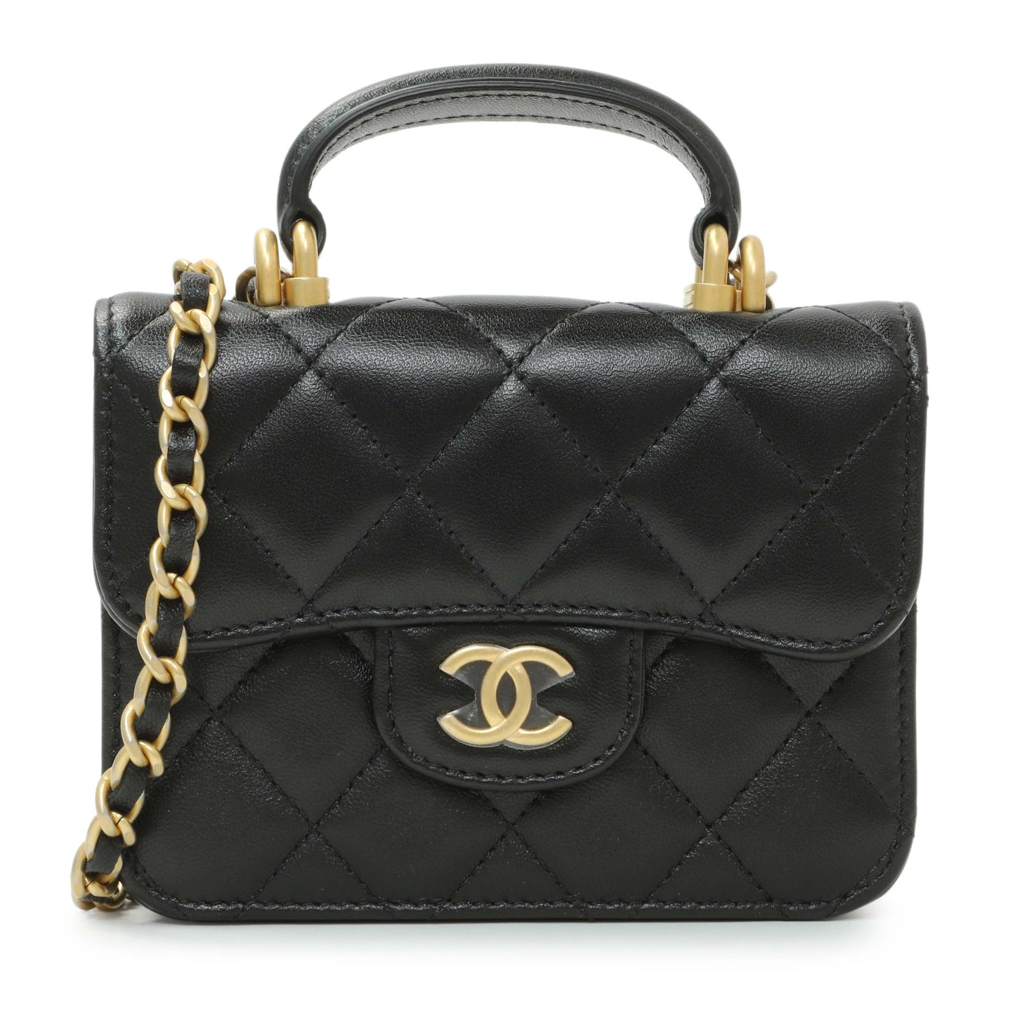 Exclusive Chanel Black Lambskin Top Handle Flap Coin Purse With Chain — Front View