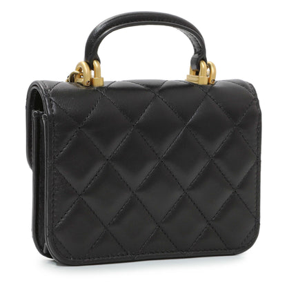 Exclusive Chanel Black Lambskin Top Handle Flap Coin Purse With Chain — Side View