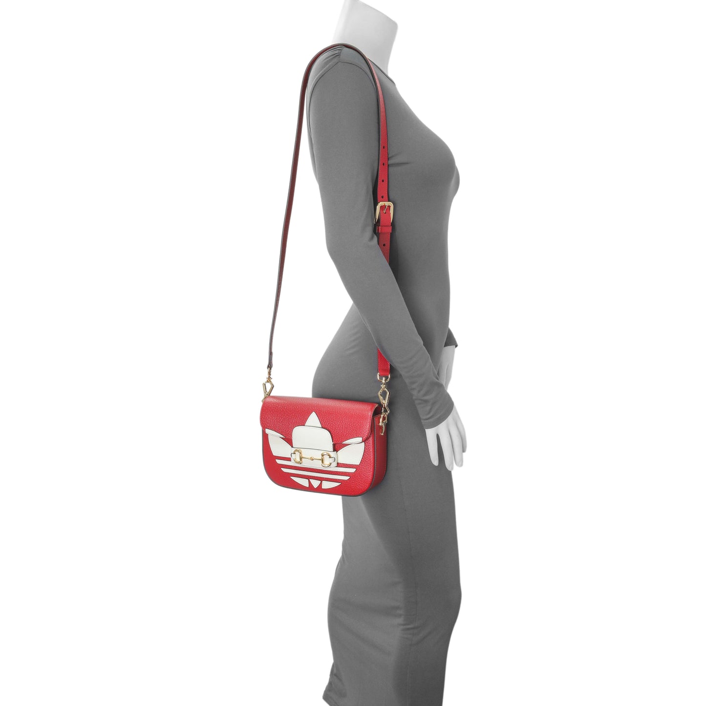 Exclusive Gucci X Adidas Textured Dollar Calfskin Web Trefoil Mini Horsebit 1955 Shoulder Bag Black Red — Alternate View 7