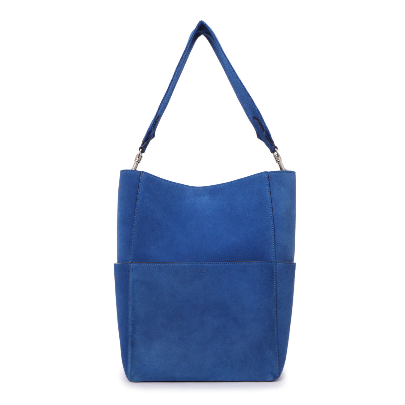 Exclusive Celine Blue Suede Sangle Bucket Bag — Front View