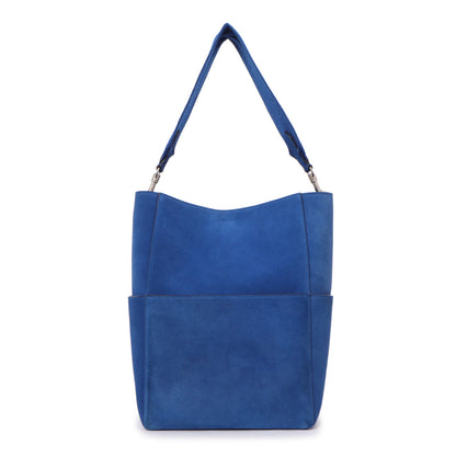 Exclusive Celine Blue Suede Sangle Bucket Bag — Front View