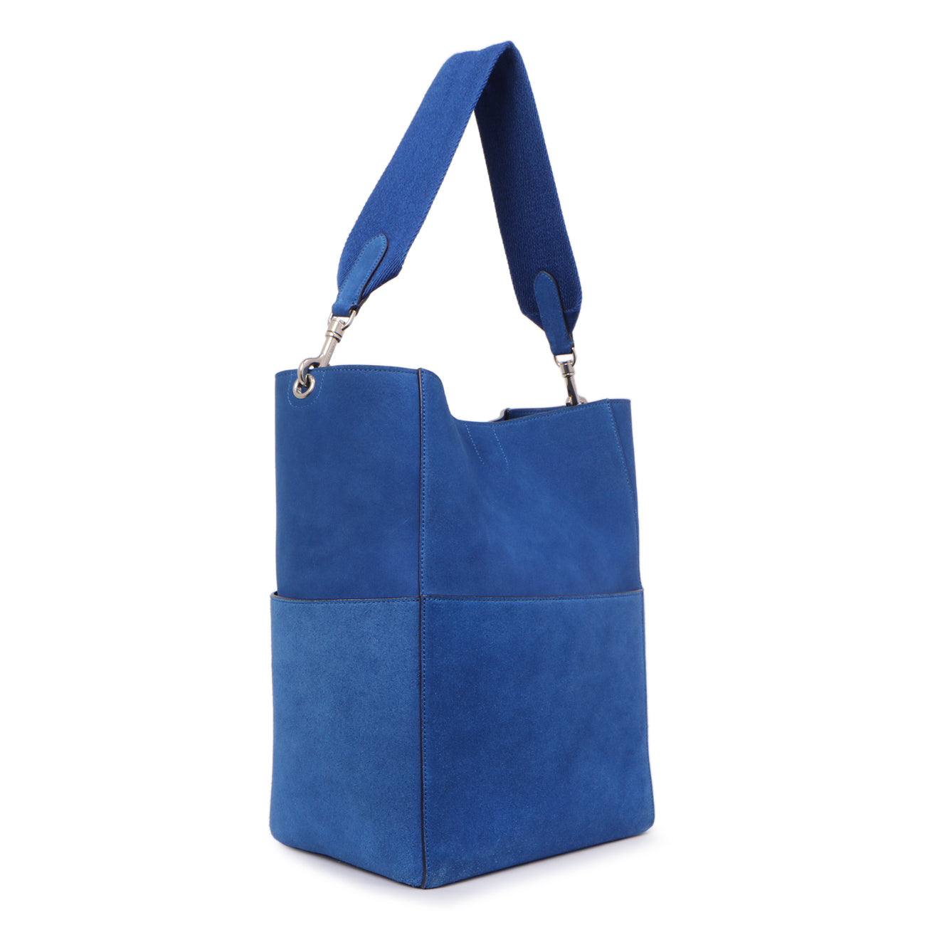 Exclusive Celine Blue Suede Sangle Bucket Bag — Side View