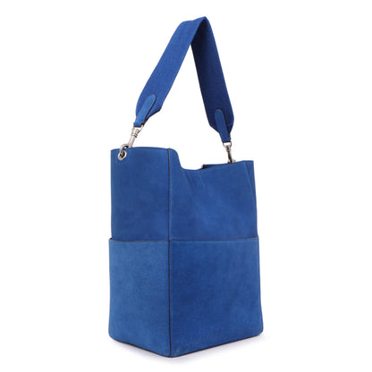Exclusive Celine Blue Suede Sangle Bucket Bag — Side View