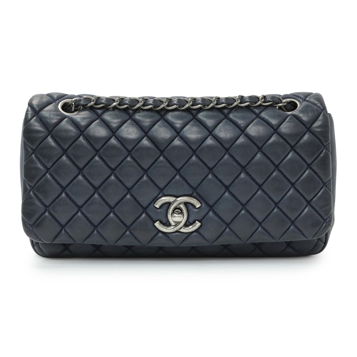 Exclusive Chanel Blue Iridescent Calfskin Bubble Flap — Front View
