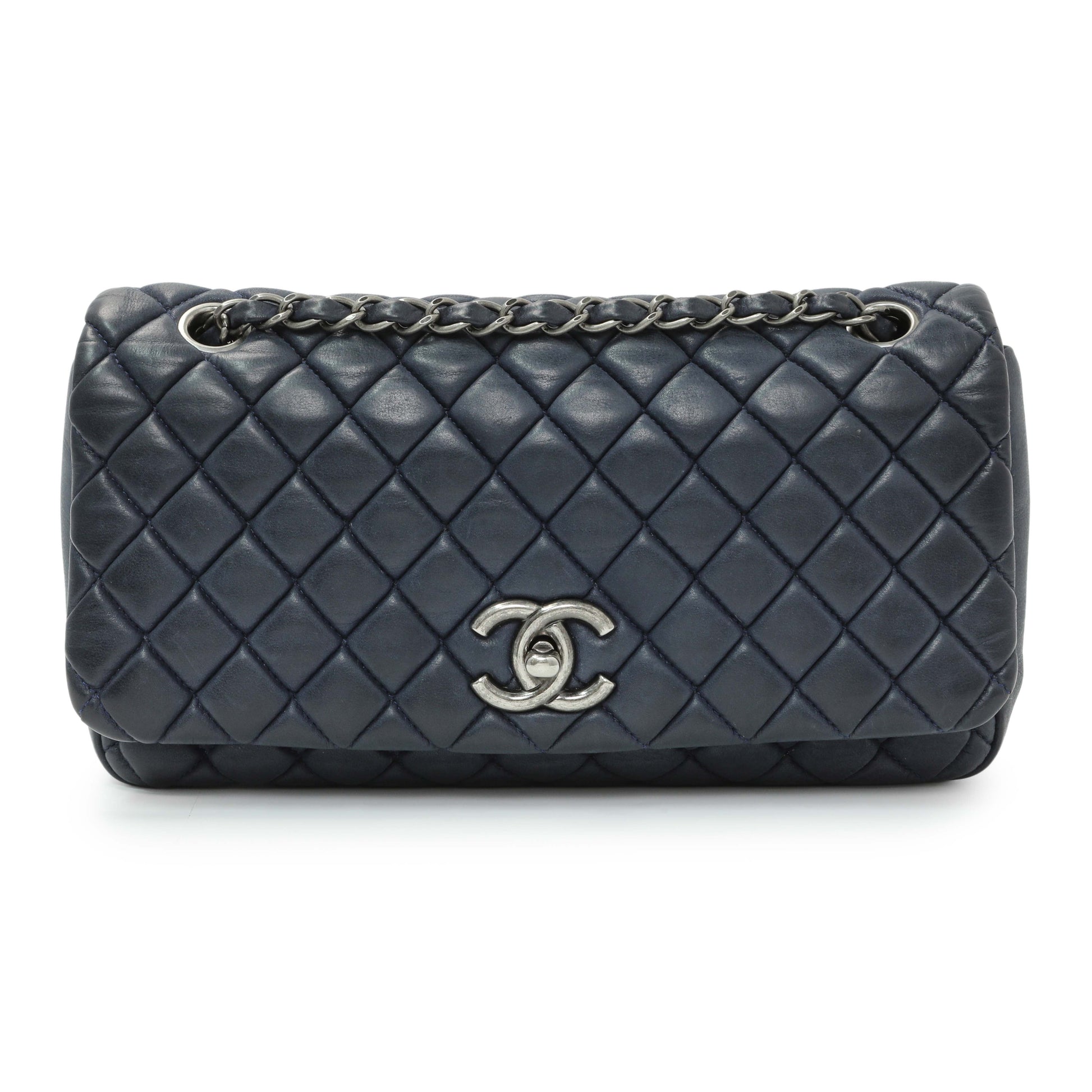 Exclusive Chanel Blue Iridescent Calfskin Bubble Flap — Front View