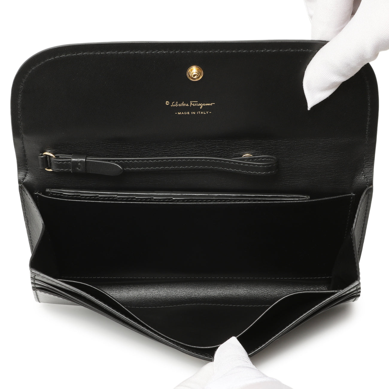 Exclusive Salvatore Ferragamo Black Calfskin Vara Bow Wallet — Top View