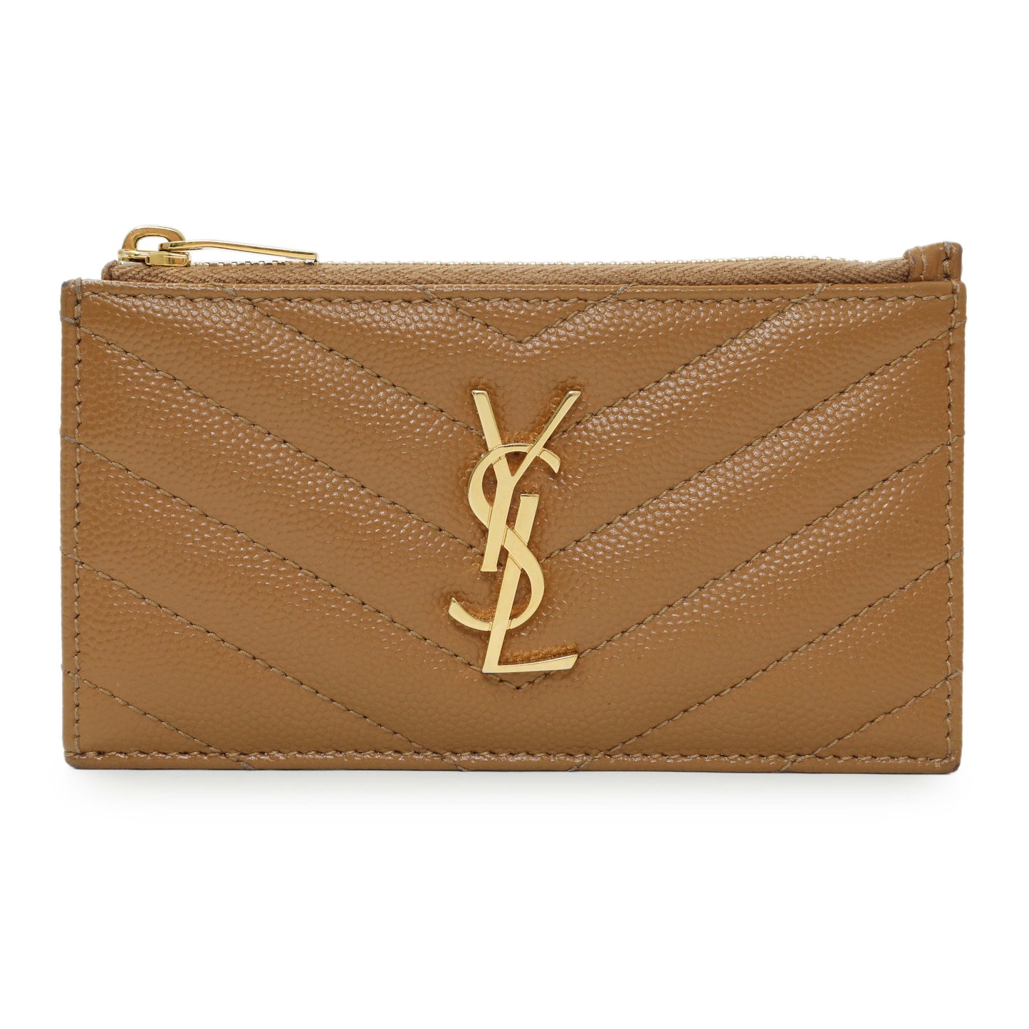 Exclusive Saint Laurent Brown Grain De Poudre Matelasse Chevron Monogram Fragments Zippered Card Case — Front View