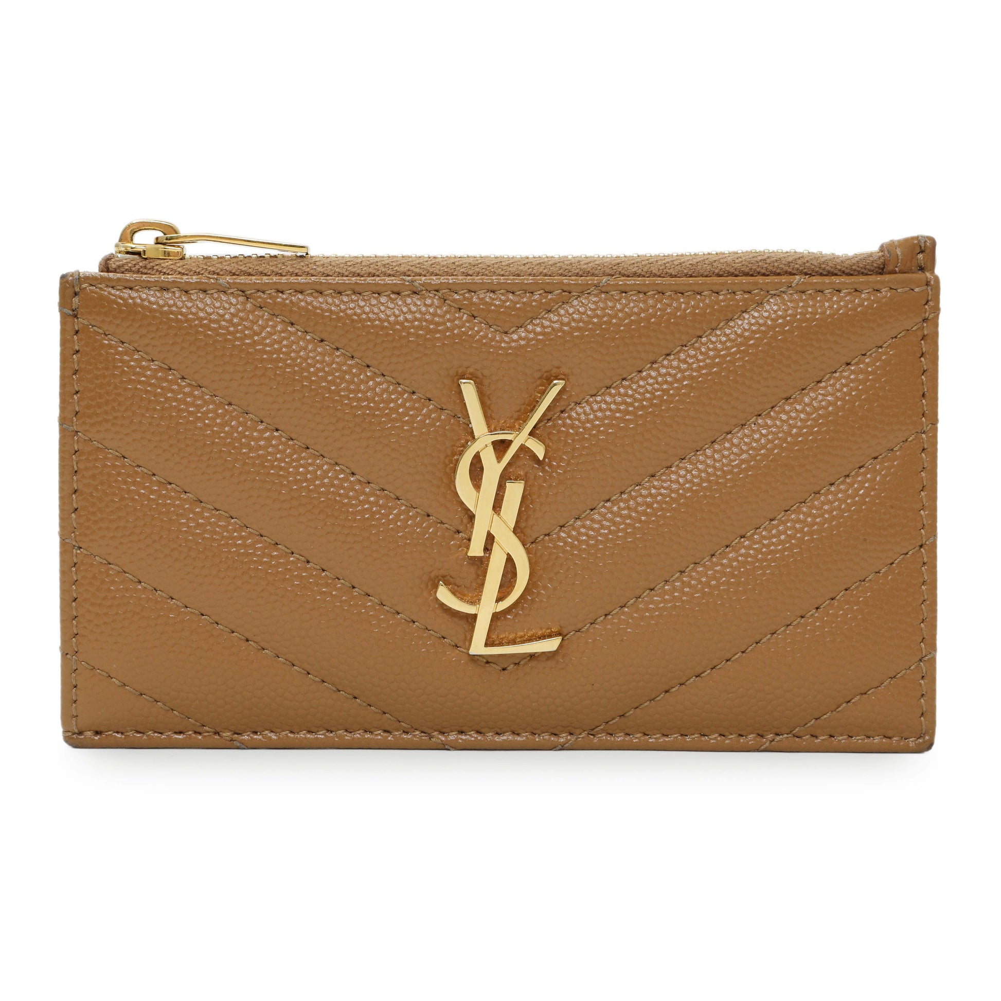 Exclusive Saint Laurent Brown Grain De Poudre Matelasse Chevron Monogram Fragments Zippered Card Case — Front View