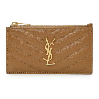 Exclusive Saint Laurent Brown Grain De Poudre Matelasse Chevron Monogram Fragments Zippered Card Case — Front View