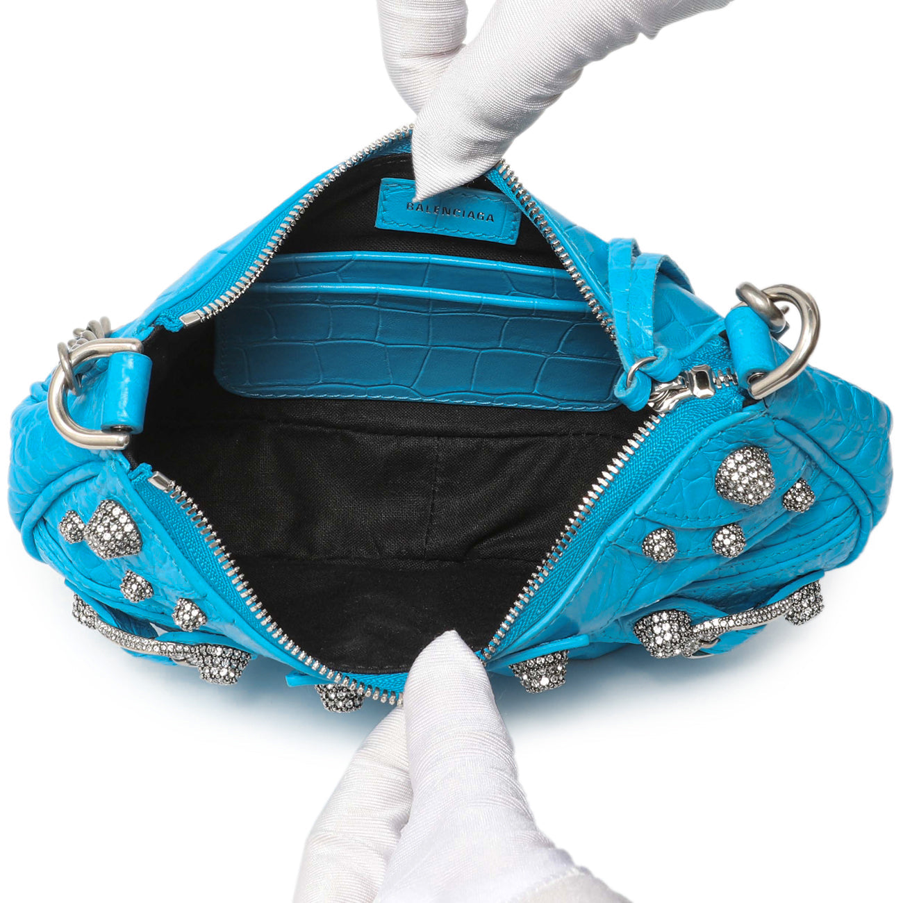 Exclusive Balenciaga Blue Crocodile Embossed Calfskin Crystal Le Cagole Mini Purse With Chain — Top View