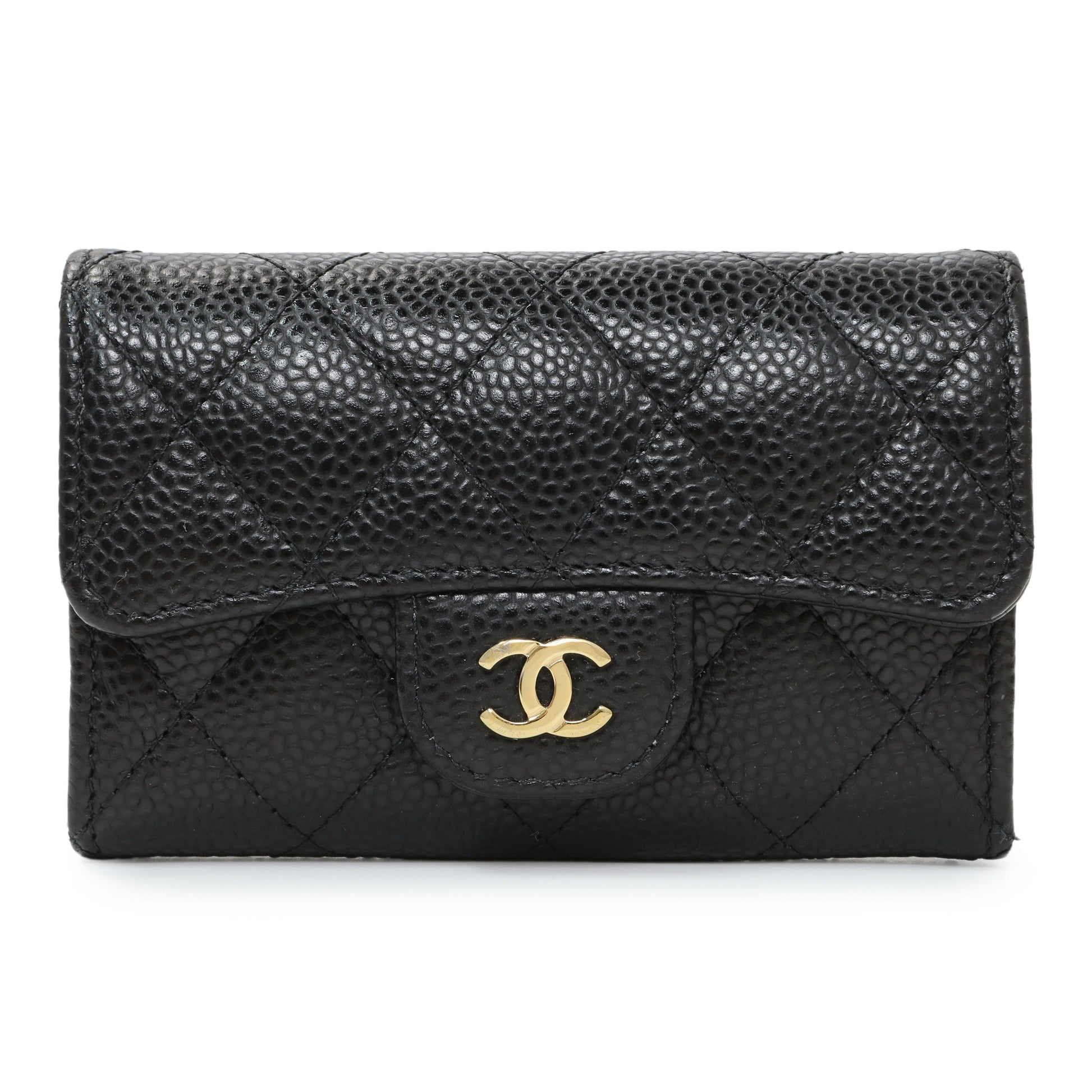 Exclusive Chanel Black Caviar Quilted Flap Card Holder Wallet — Front View