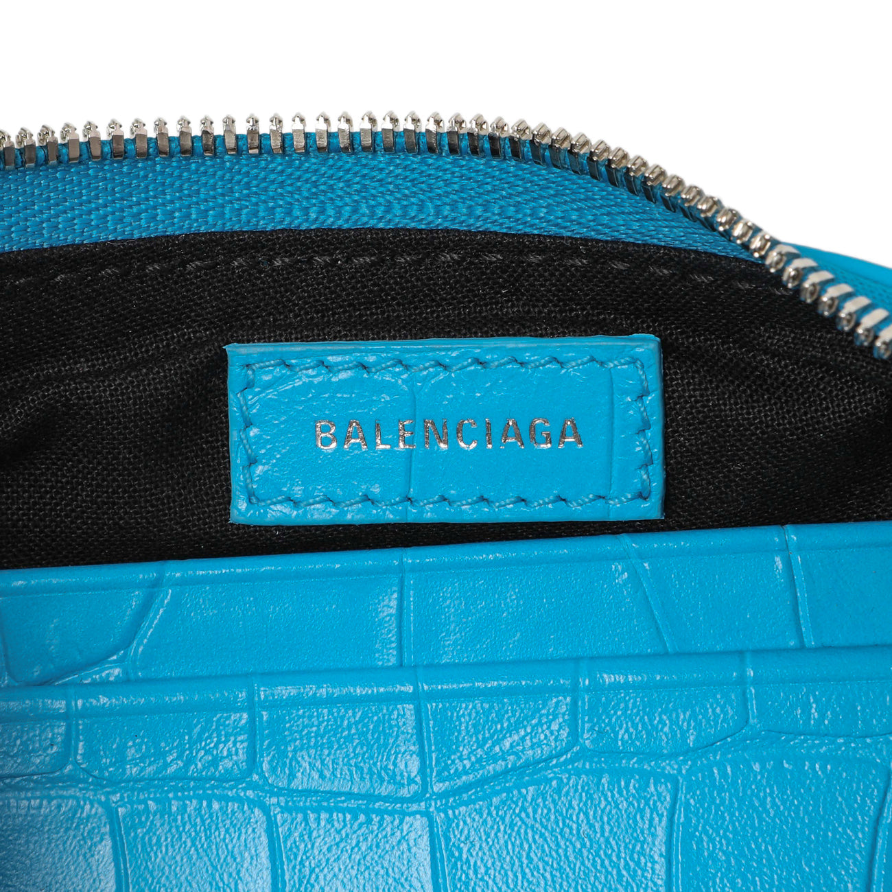 Exclusive Balenciaga Blue Crocodile Embossed Calfskin Crystal Le Cagole Mini Purse With Chain — Detail View