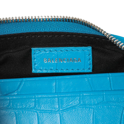 Exclusive Balenciaga Blue Crocodile Embossed Calfskin Crystal Le Cagole Mini Purse With Chain — Detail View