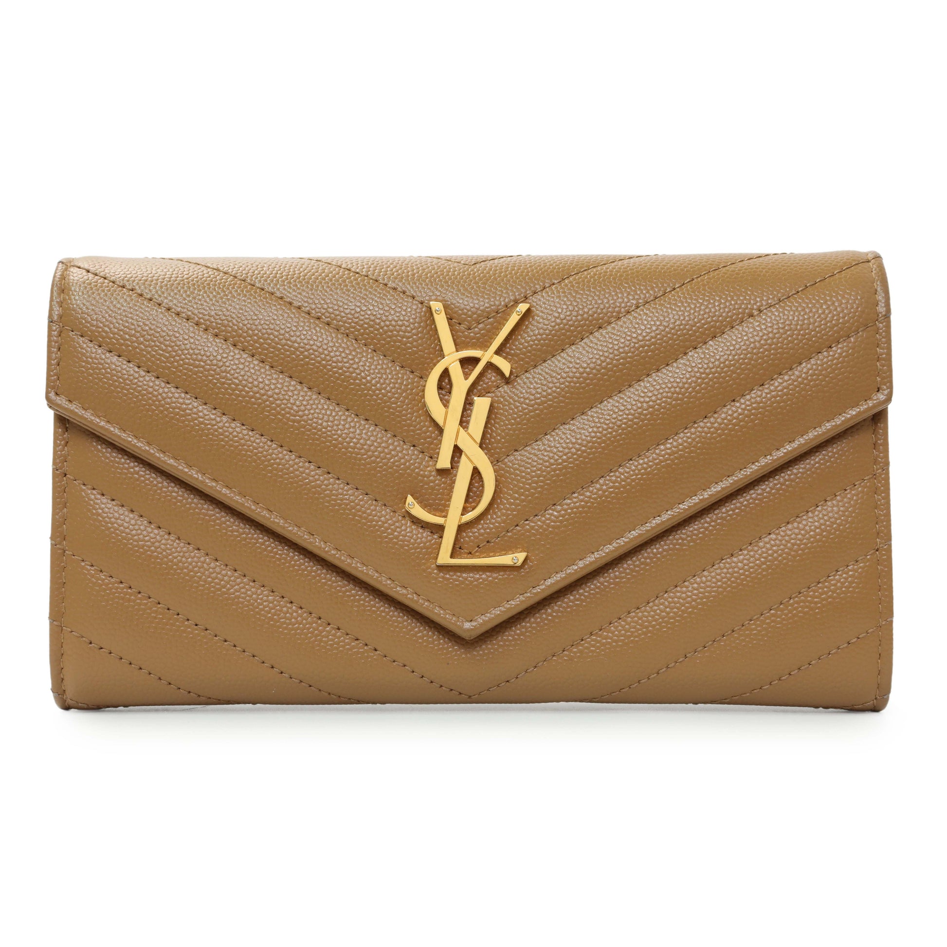 Exclusive Saint Laurent Brown Grain De Poudre Matelasse Chevron Monogram Flap Wallet — Front View