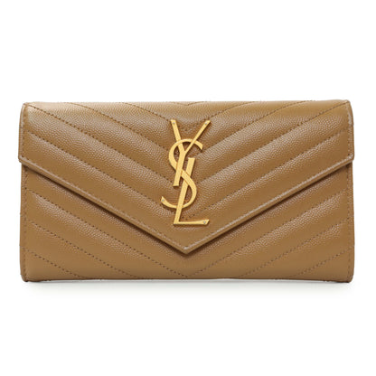 Exclusive Saint Laurent Brown Grain De Poudre Matelasse Chevron Monogram Flap Wallet — Front View