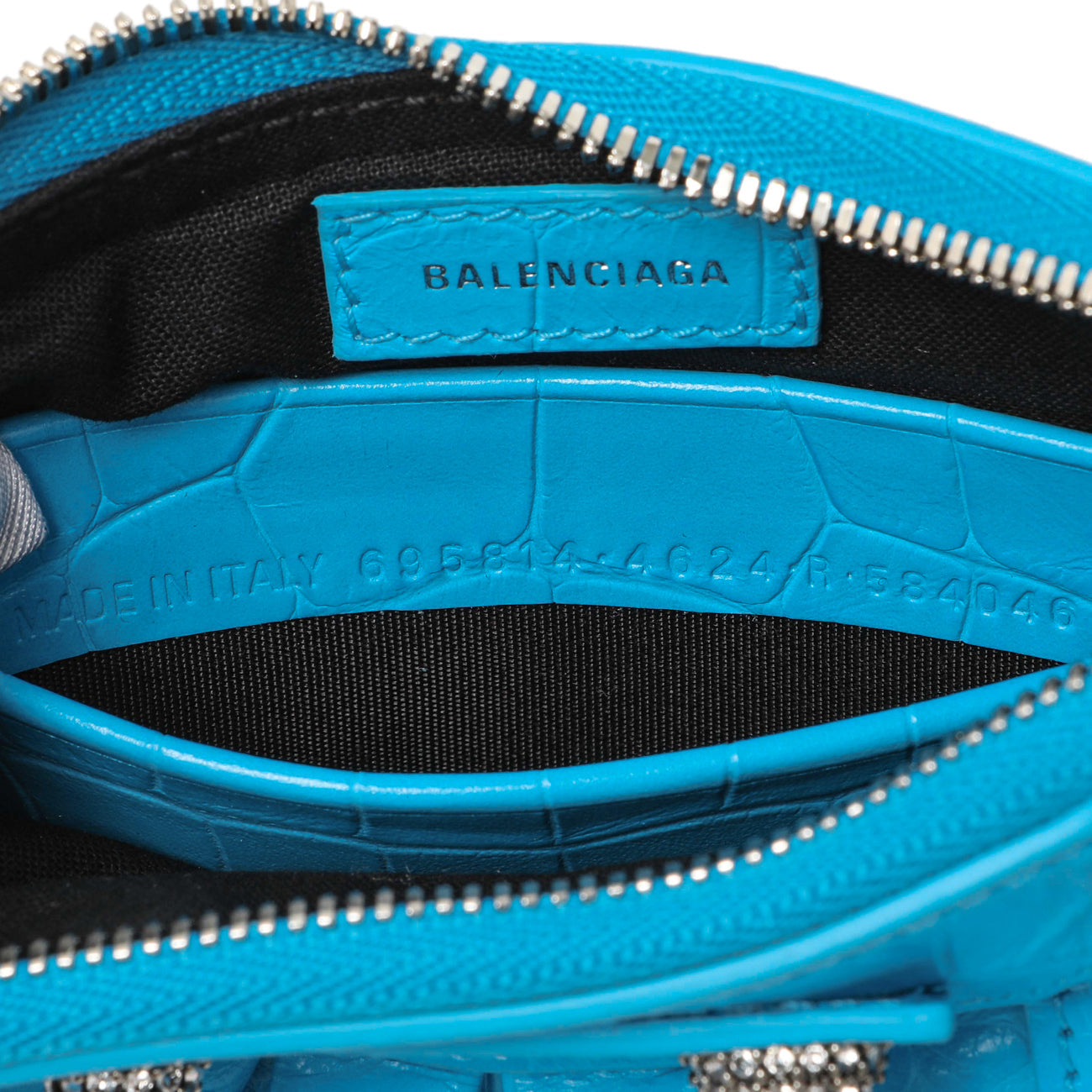 Exclusive Balenciaga Blue Crocodile Embossed Calfskin Crystal Le Cagole Mini Purse With Chain — Lifestyle View