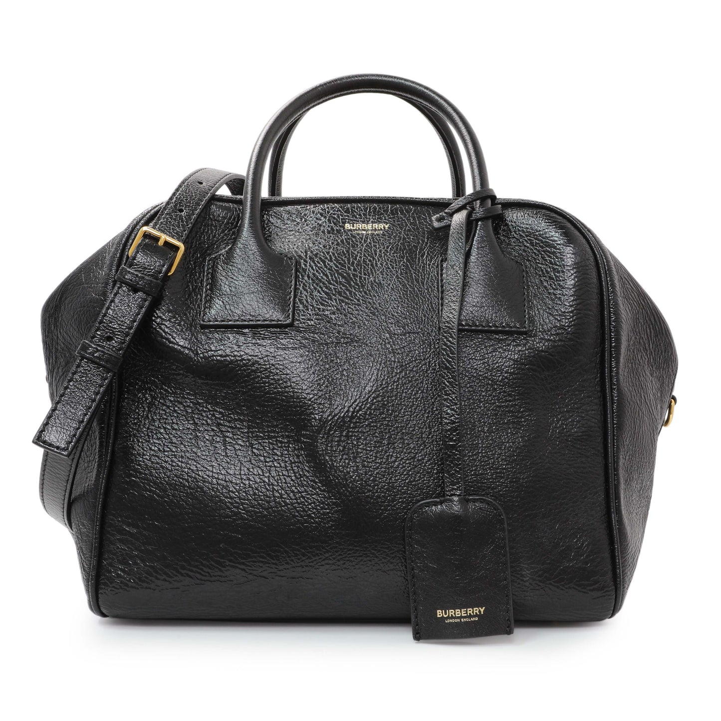 Exclusive Burberry Black Patent Cube Bowling Bag — Front View