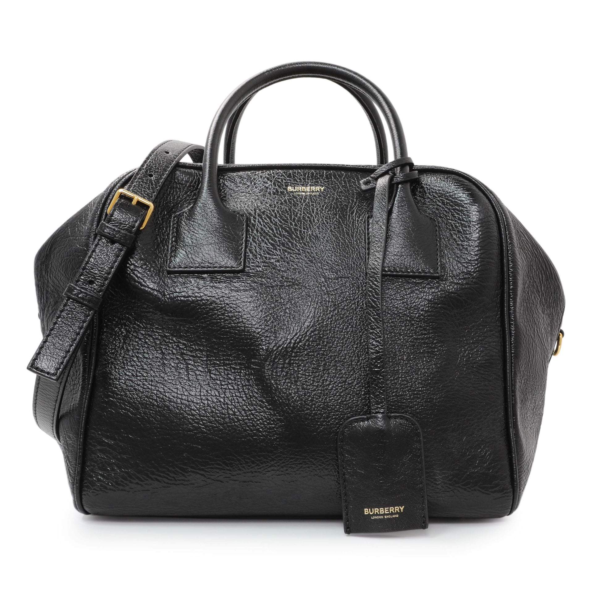 Exclusive Burberry Black Patent Cube Bowling Bag — Front View