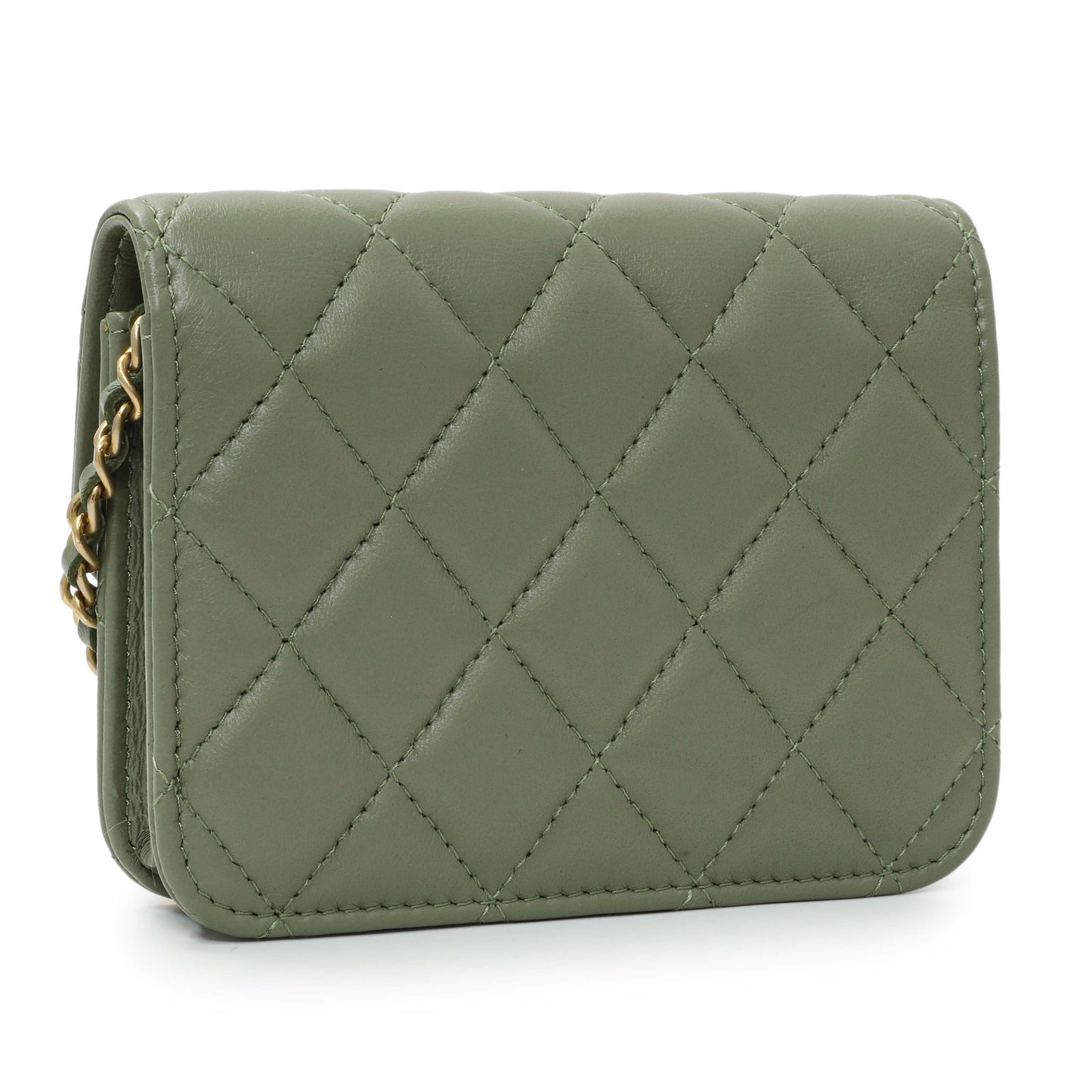 Exclusive Chanel Green Quilted Lambskin Pearl Crush Clutch With Chain — Side View