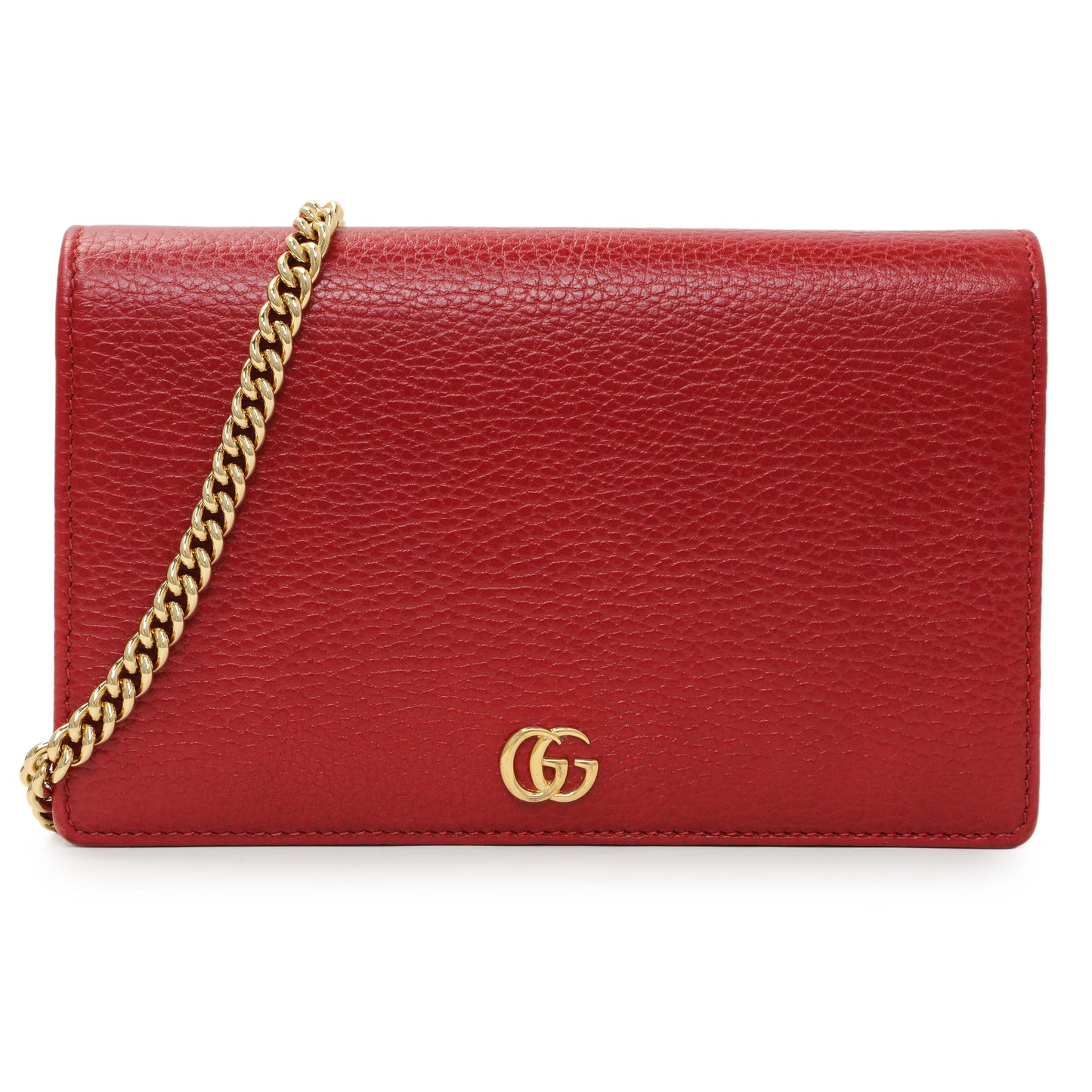 Exclusive Gucci Hibiscus Red Dollar Calfskin Mini GG Marmont Chain Wallet — Front View