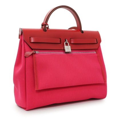 Exclusive Hermes Rose Mexico Rouge Piment Toile Militaire Vache Hunter Laque Herbag Zip Retourne 31 PM — Back View