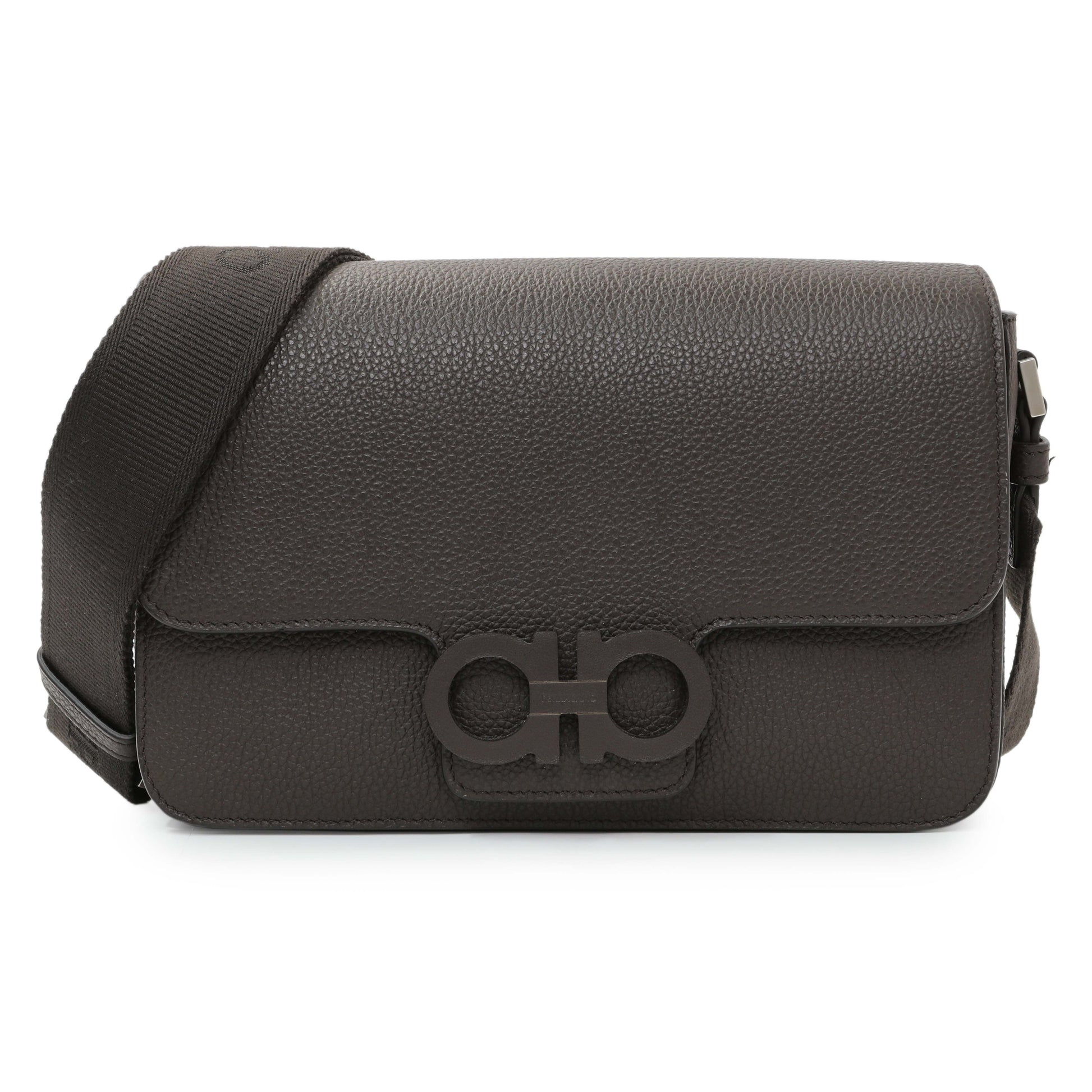 Exclusive Ferragamo Brown Double Gancini Messenger Bag — Front View