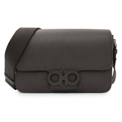Exclusive Ferragamo Brown Double Gancini Messenger Bag — Front View