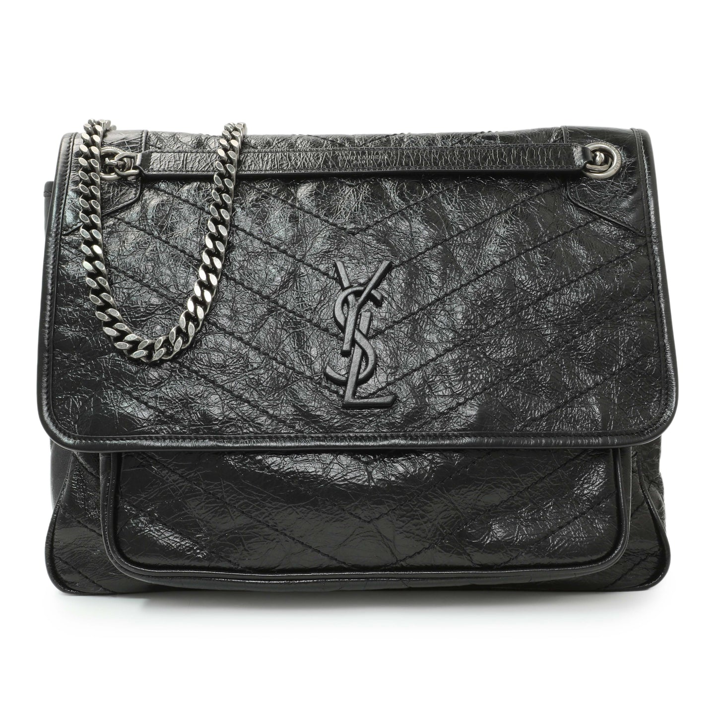 Exclusive Saint Laurent Black Crinkled Calfskin Matelasse Monogram Large Niki Chain Satchel — Front View