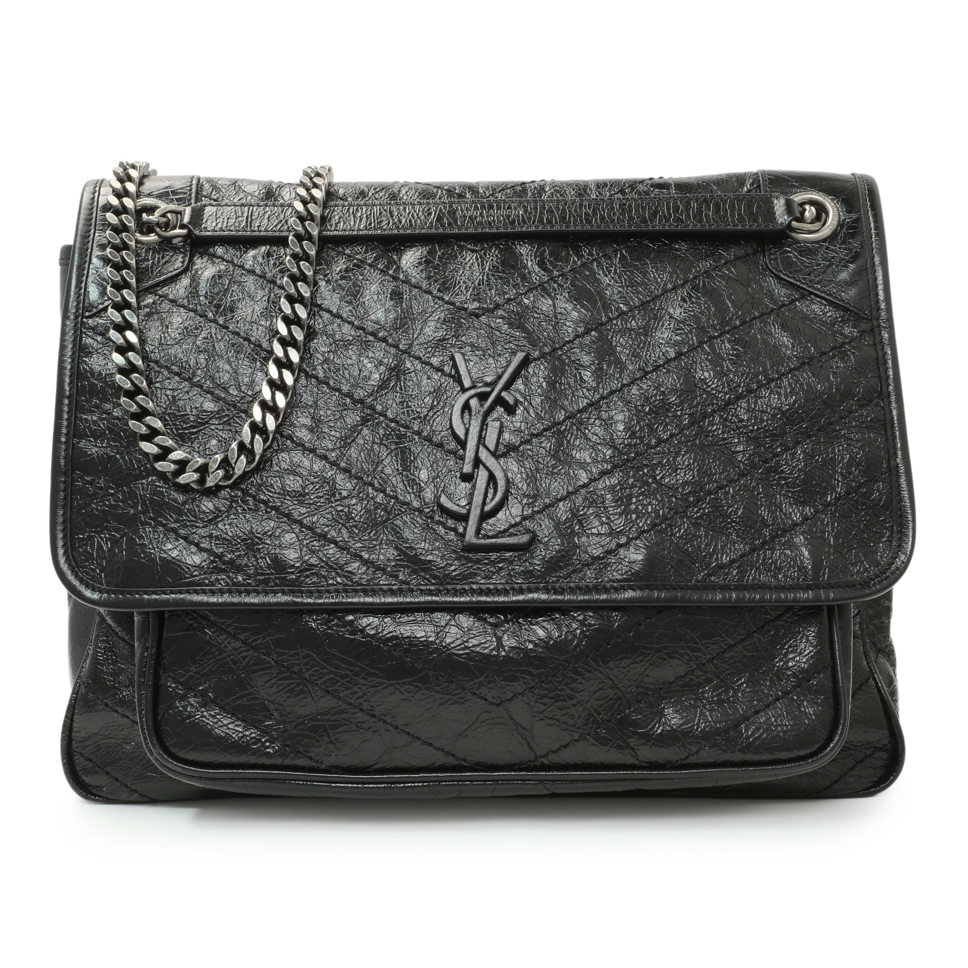 Exclusive Saint Laurent Black Crinkled Calfskin Matelasse Monogram Large Niki Chain Satchel — Front View