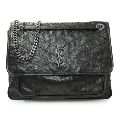 Exclusive Saint Laurent Black Crinkled Calfskin Matelasse Monogram Large Niki Chain Satchel — Front View