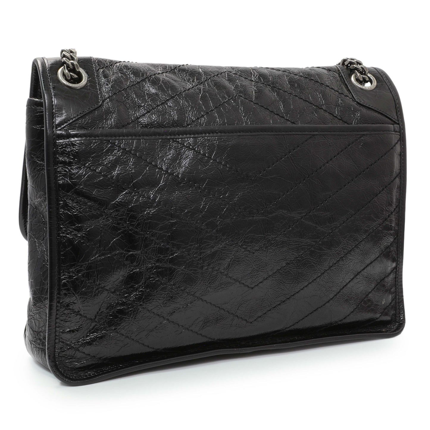 Exclusive Saint Laurent Black Crinkled Calfskin Matelasse Monogram Large Niki Chain Satchel — Side View