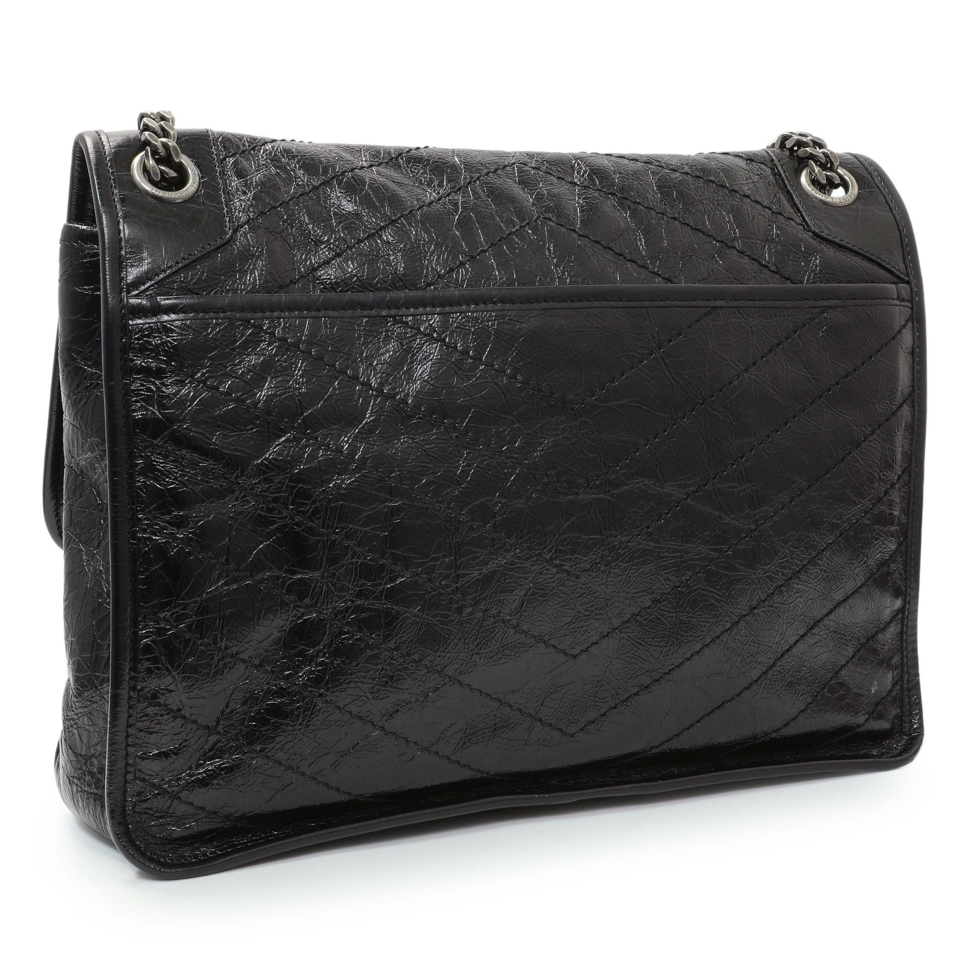 Exclusive Saint Laurent Black Crinkled Calfskin Matelasse Monogram Large Niki Chain Satchel — Side View