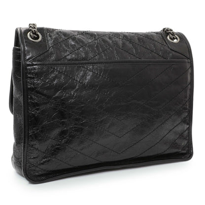 Exclusive Saint Laurent Black Crinkled Calfskin Matelasse Monogram Large Niki Chain Satchel — Side View