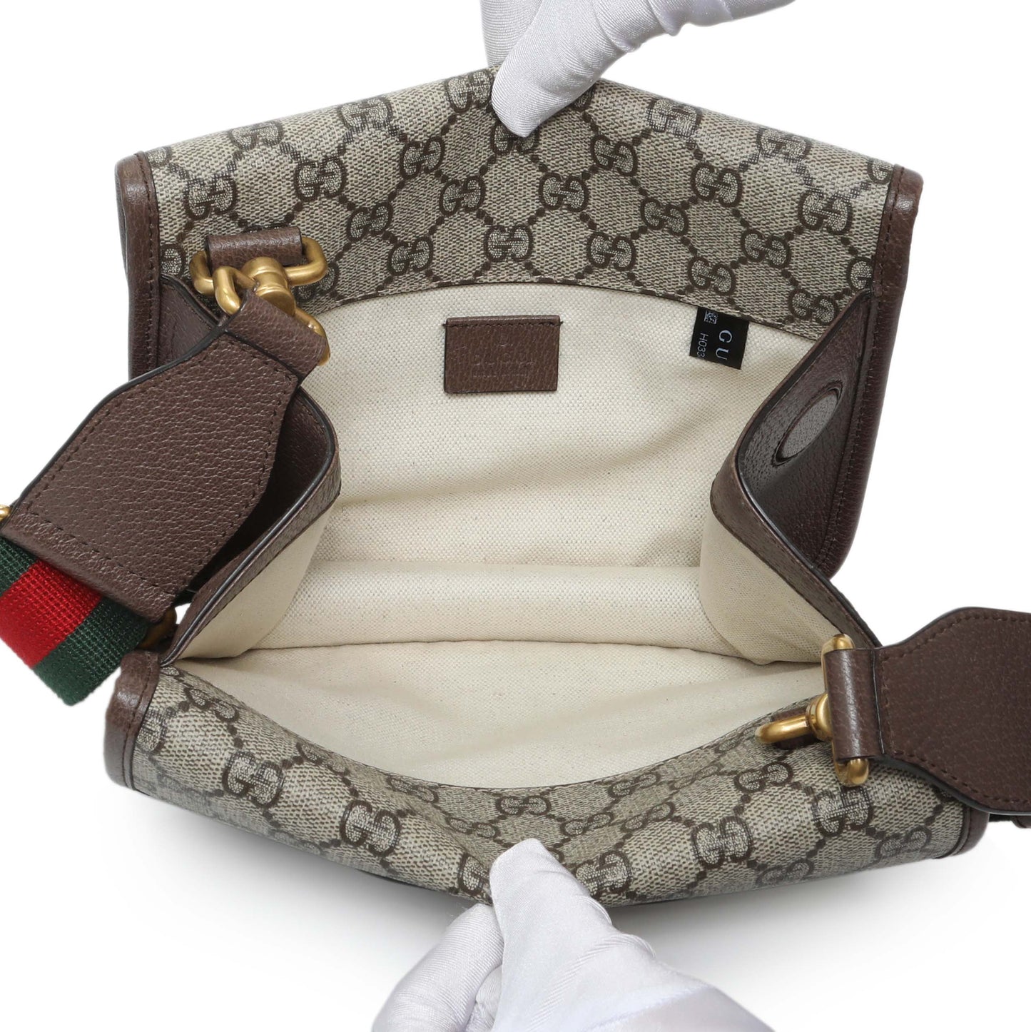 Exclusive Gucci GG Supreme Monogram Web Small Neo Vintage Double Flap Messenger Bag — Top View