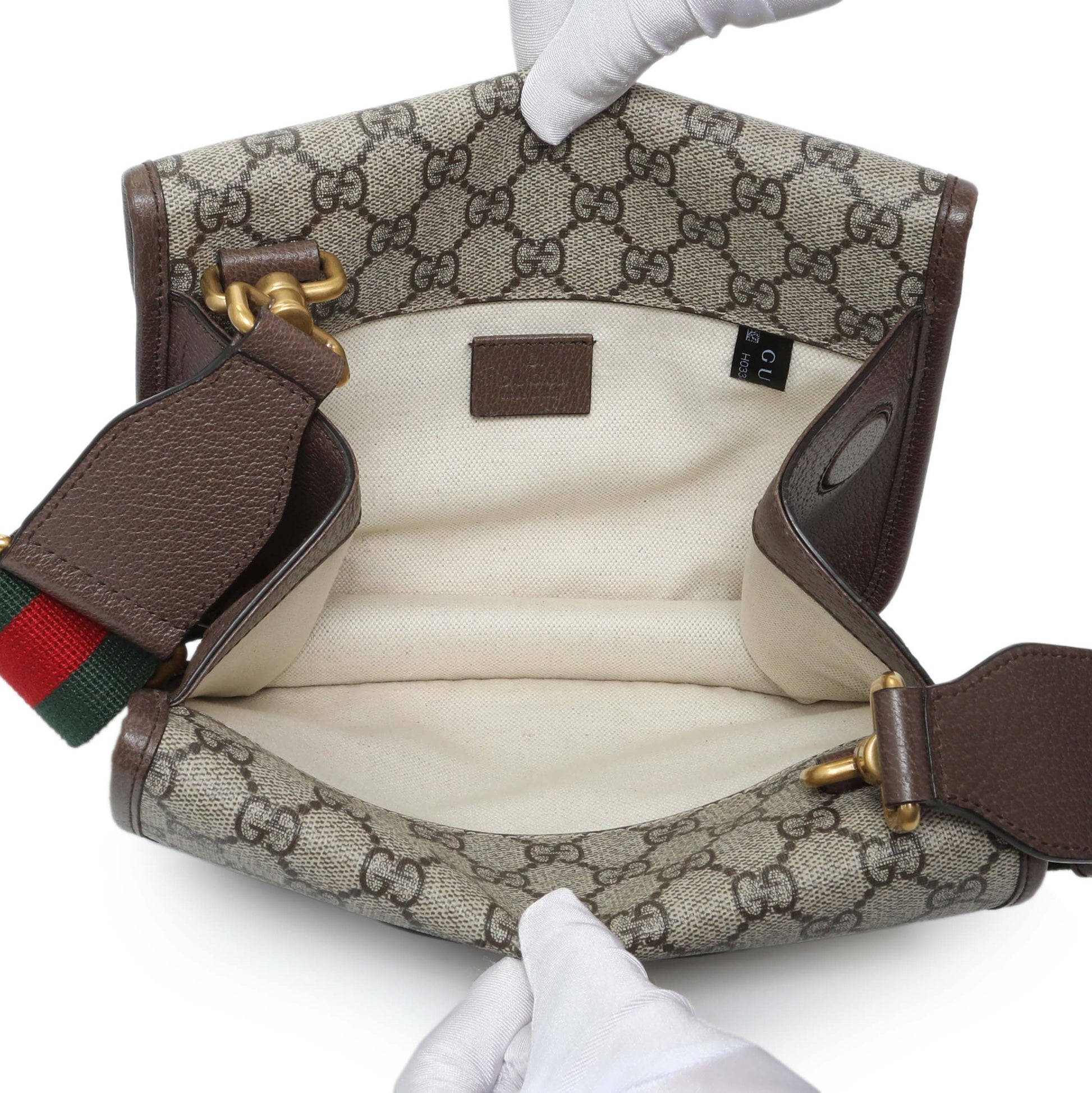 Exclusive Gucci GG Supreme Monogram Web Small Neo Vintage Double Flap Messenger Bag — Top View