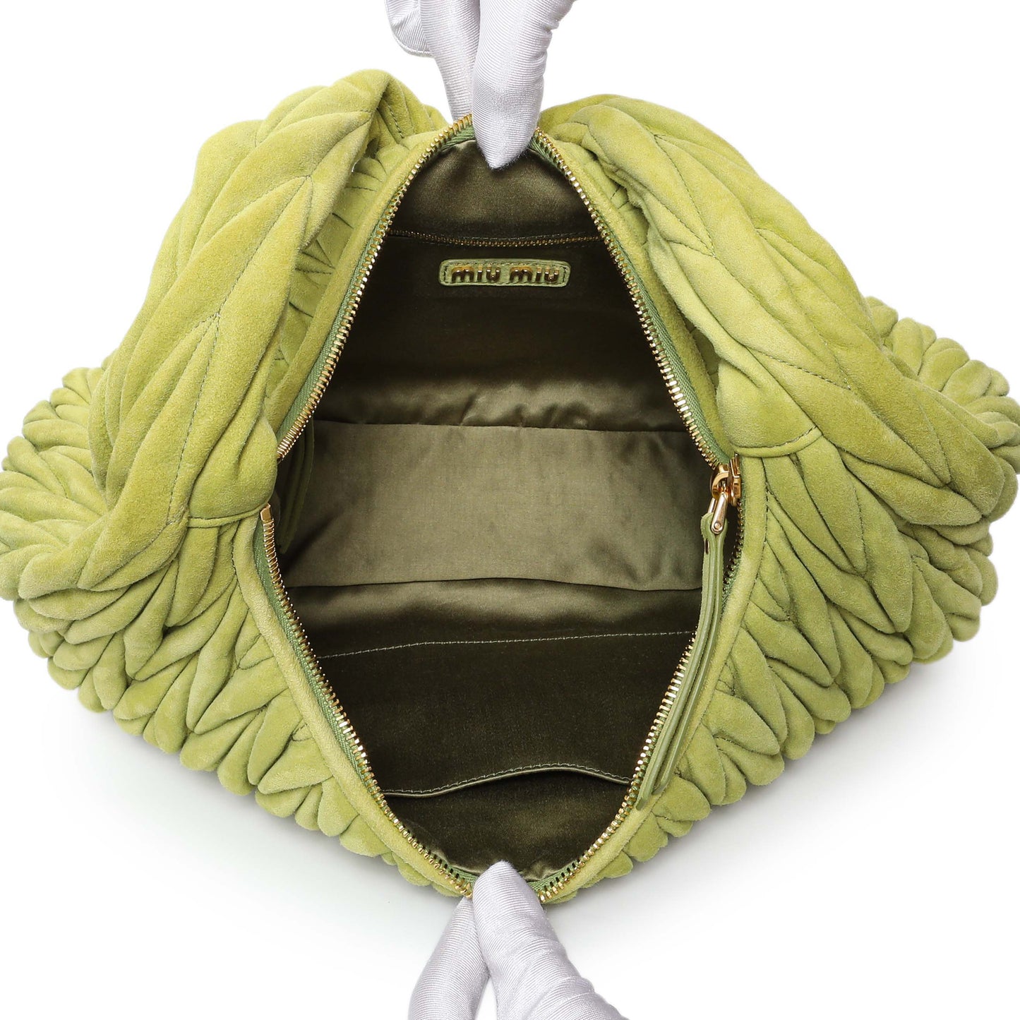 Exclusive MiuMiu Green Matelasse Suede Wander Shoulder Bag — Top View