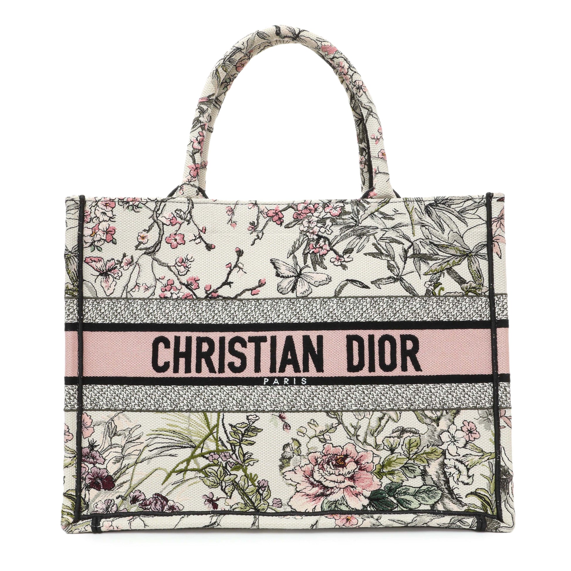 Exclusive Christian Dior Pink White Floral Embroidered Medium Book Tote — Front View