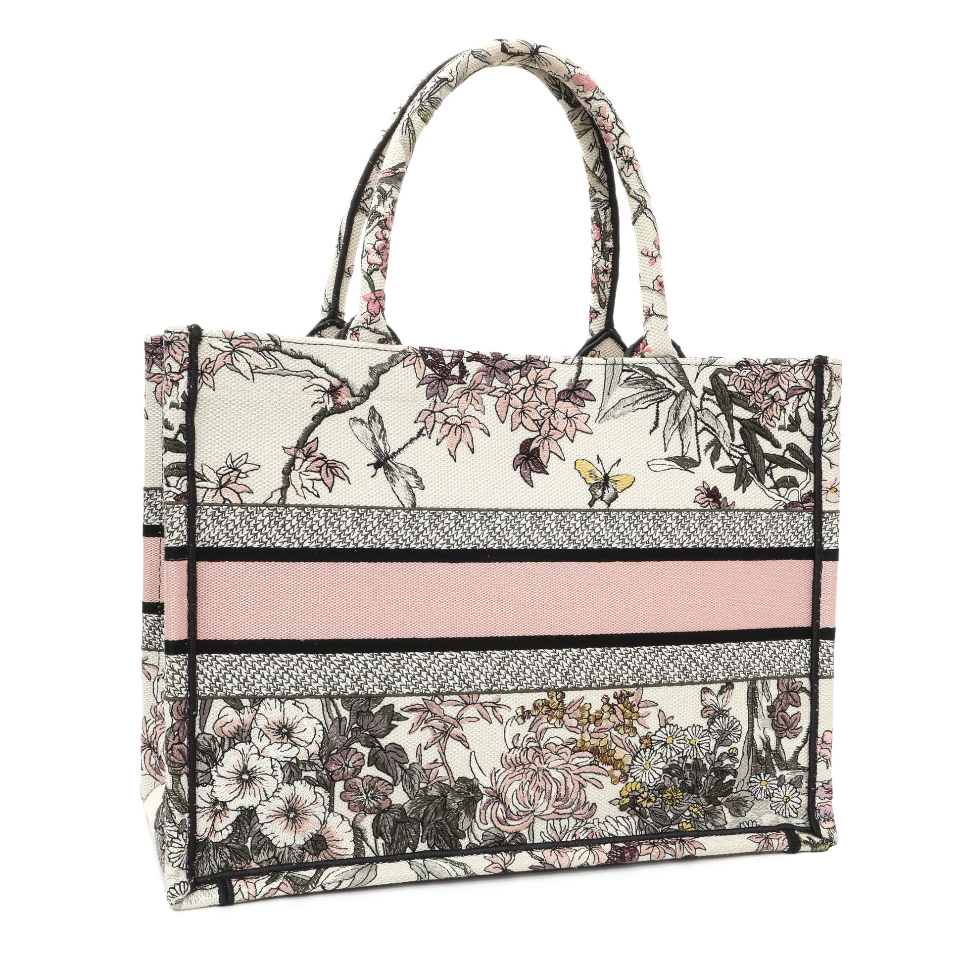 Exclusive Christian Dior Pink White Floral Embroidered Medium Book Tote — Side View